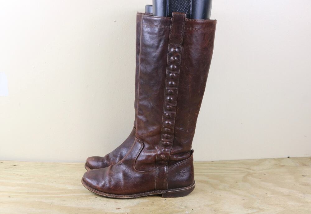 Vintage Frye Boots 6B Brown Studded Riding Shoes Equestrian Pull On Tall